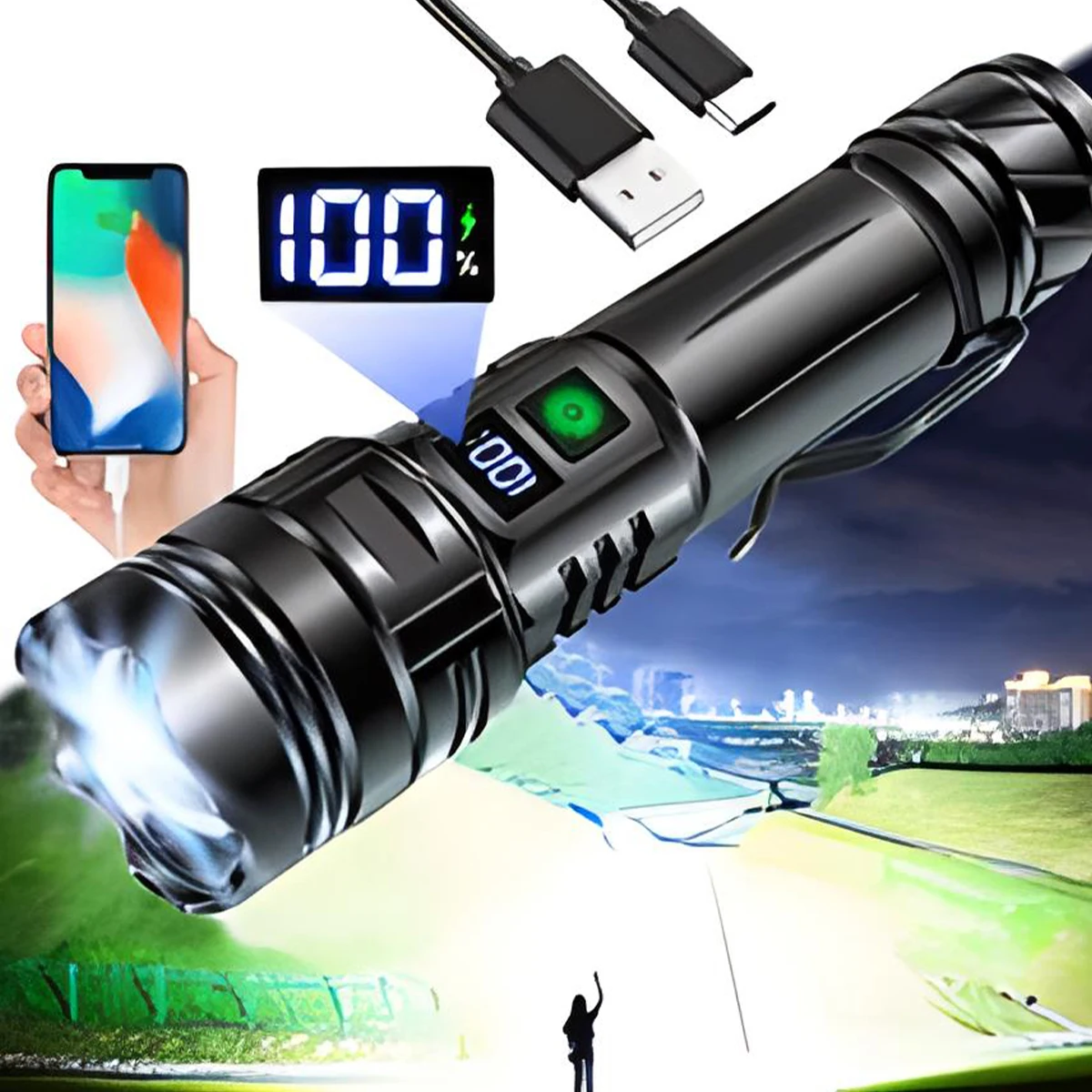 Description Picture 2 of itemSuper Long Range Tactical Torch High Power Led Flashlight Usb Rechargeable Strong Light Lamp Outdoor Portable Lantern Waterproof