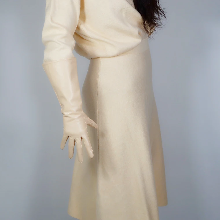 REAL LEATHER TECH LONG GLOVES Unisex Brown 38cm Wide Balloon Puff Sleeves Large LLDLLNT