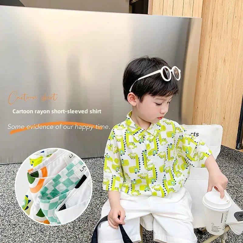 Loose Fit Summer Children's Casual Short Sleeve Shirt Cartoon Print Lyocell Cotton Boys' Shirt Comfortable Breathable Top