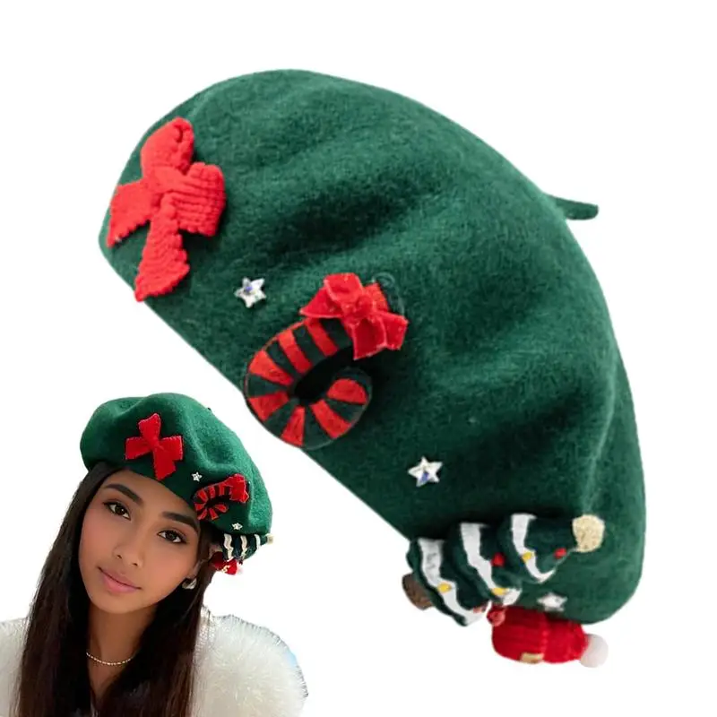 

Рождественская шапка, красный, зеленый берет, женский зимний головной убор, семейное платье, новогодние подарки, милый женский шерстяной твидовый берет, шапка