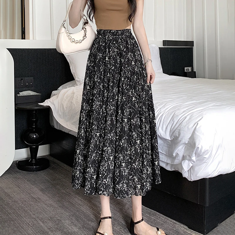 ZOCI Women's Summer Vintage Print Long Skirt Elastic High Waist Elegant Midi Skirts Casual Slim Fit Office A-Line Skirts Female 4