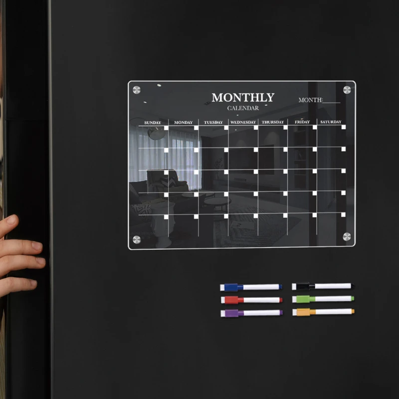 Acrylic Calendar for Fridge, Monthly Clear Acrylic Magnetic Dry Erase Board for Refrigerator, Includes 6 Liquid Chalk Markers