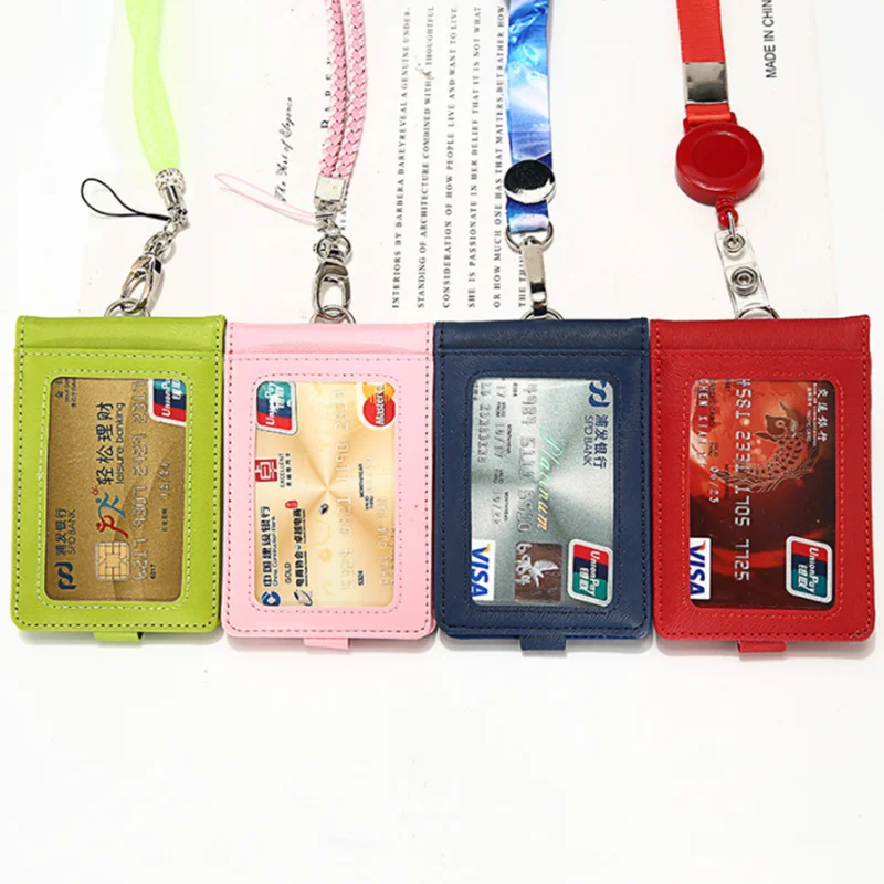 Set di carte doppie in pelle di mucca multifunzione custodia per Badge porta carte d'identità custodia trasparente per porta Badge con Clip per carte di credito