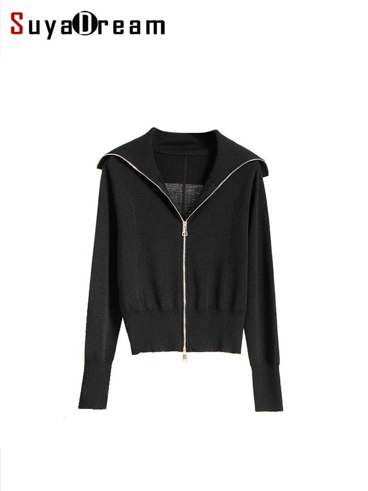 

SuyaDream, Black Cardigans For Woman, Turn Down Collar, Silk Cotton Blend, Zipper Sweaters, 2023 Fall Winter Warm Jackets