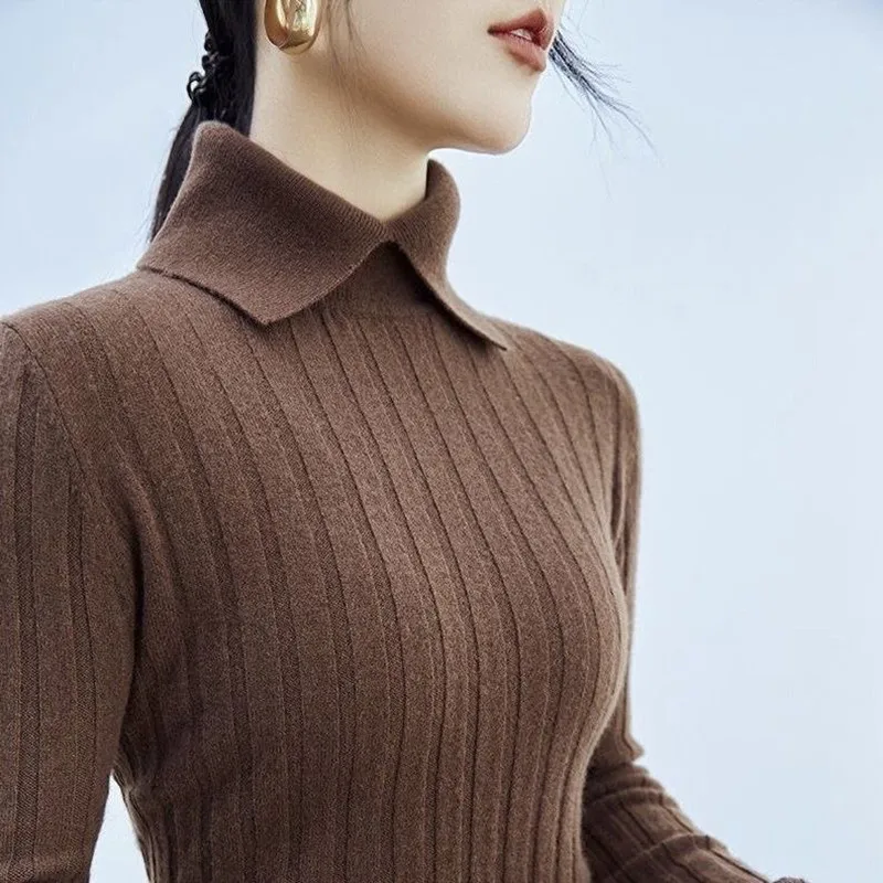 

Fdfklak Autumn Winter Knitted Ribbed Turtleneck Sweater Clothes Turndown Collar Long Sleeve Slim Basic Pullover Woman Sweaters