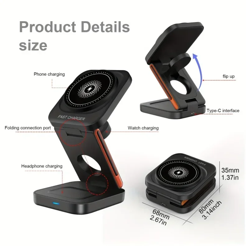 3 In 1 Foldable Magnetic Wireless Charger Stand Fast Charging Station for iPhone 17 16 15 14 13 iWatch 10-2 Airpods Pro Max