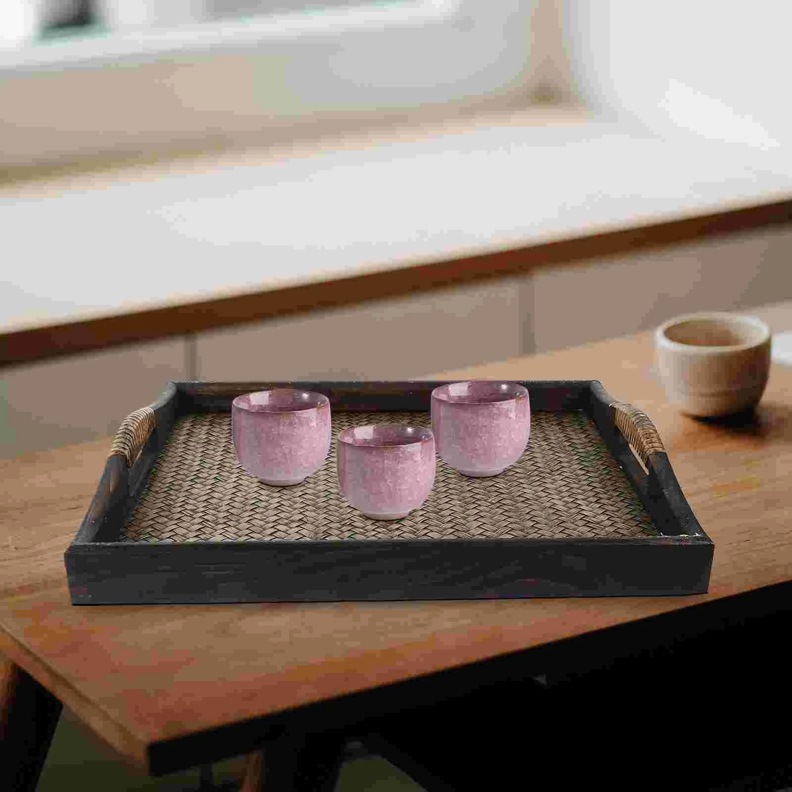 Wooden Rattan Tray Rectangular Tea Tray Fruit Serving Wood Snack Household Nuts Party Platter Coffee