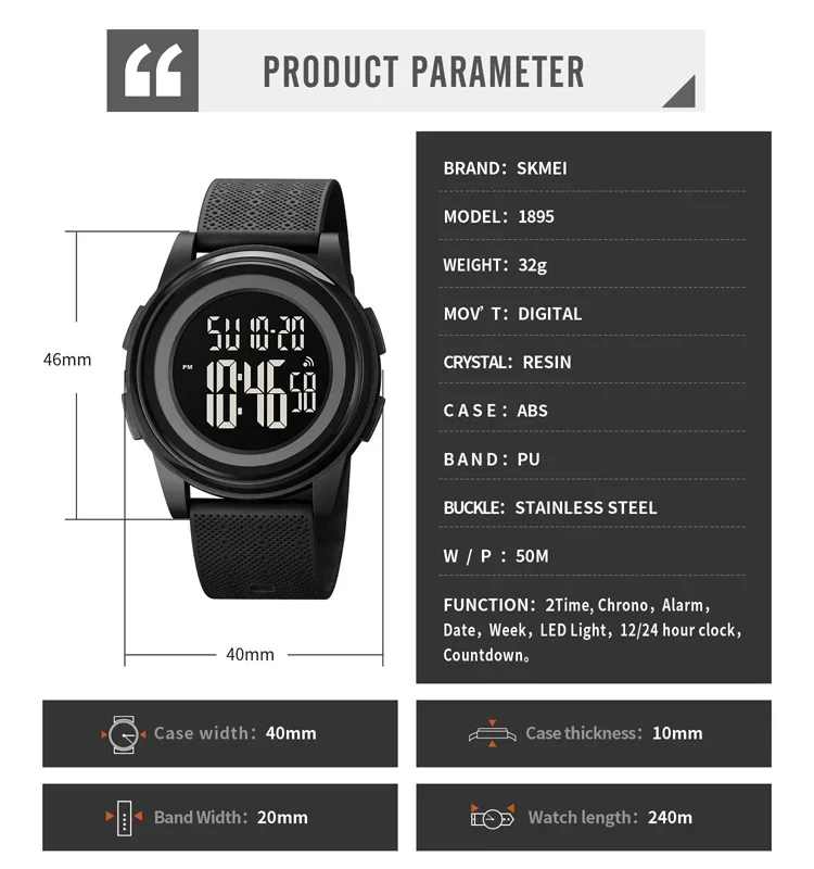 SKMEI 1895  Digital Wristwatch relogio masculino Casual Countdown Sport Watches Men LED Light Chrono Alarm Clock 5Bar Waterproof 6
