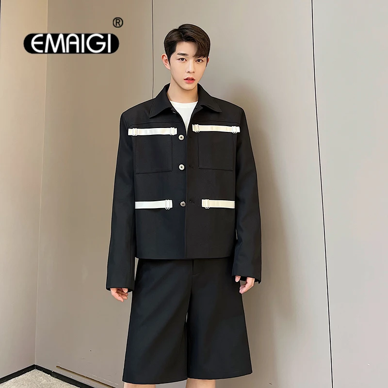 

Men Ribbon Stripe Shoulder Pad Japan Korean Streetwear Vintage Fashion Loose Casual Short Jacket Blazers Male Coat Outerwear