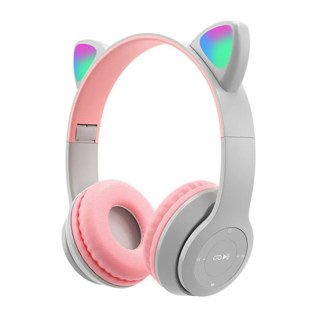 P47 LED Flashing Cute Cat Ears Headphone Bluetooth Wireless Headset with Mic  TF FM Stereo Music Earbud Kitten Earphone Kids Gift - AliExpress