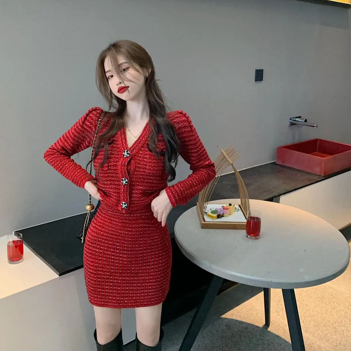 Net price will fall and winter blackberry red sweater suits small sweet wind restoring ancient ways knitted cardigan |