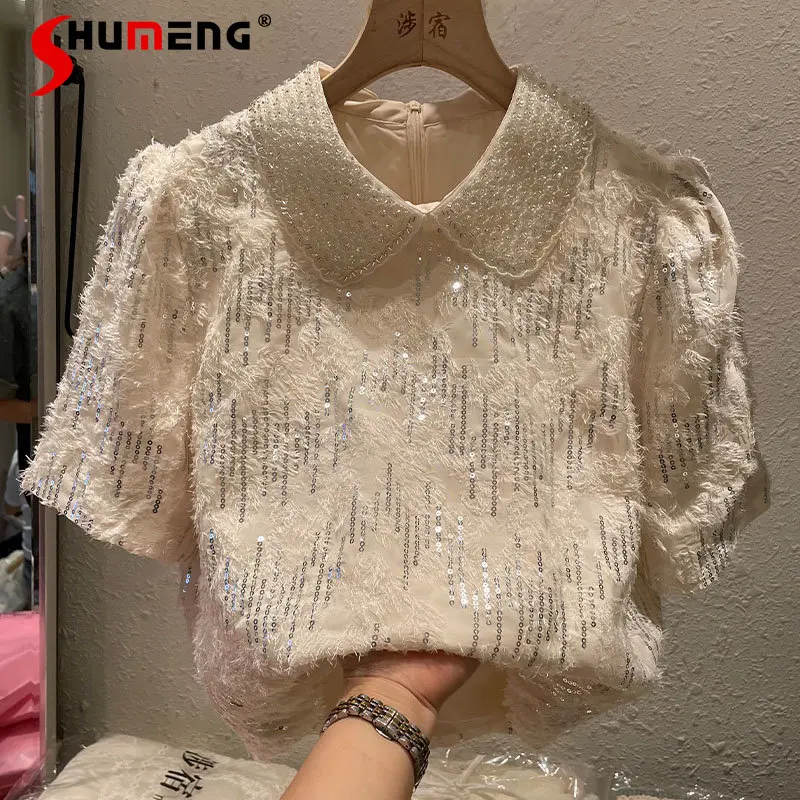 

Элегантный шифоновый топ с блестками и кукольным воротником, женская летняя новая блузка 2023, подходящая ко всему стройнящая рубашка с бахромой