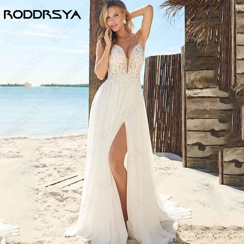 

RODDRSYA Boho Appliques V-Neck Bridal Party High Split Backless Wedding Dress For Women Spaghetti Straps A-Line Vestido De Noiva
