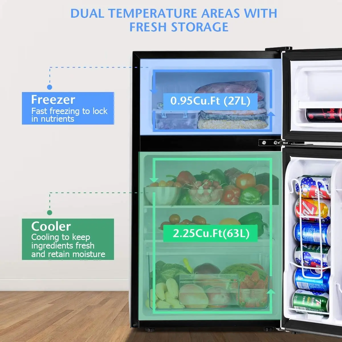 Compact Refrigerator 3.2 Cu Ft. Unit 2-Door Mini Freezer Cooler Fridge with Reversible Door, Removable Glass Shelves