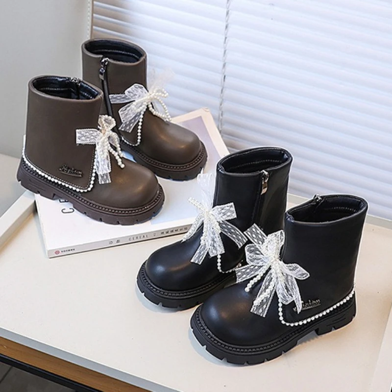 Girls Sweet Princess Ankle Boots Autumn New Children Fashion Leather Boot Elegant Lace Bowknot Kids Causal Platform Boots Zipper