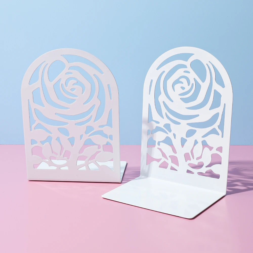 2Pcs White Metal Rose Hollow Carving Book Ends - Decorative Book Holders for Home Office Library，Book Supports for Organizing 3