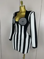 2025 Luxury Sexy Long Sleeve Stripe Black White Mini Bandage Dress Women Knitted Celebrity Elegant Evening Club Birthday Dresses - Image 2