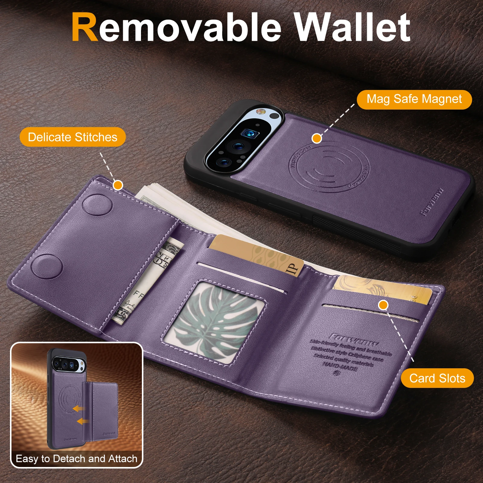 Magnetic Detachable Leather Case with Anti-Theft Magsafe Card Wallet