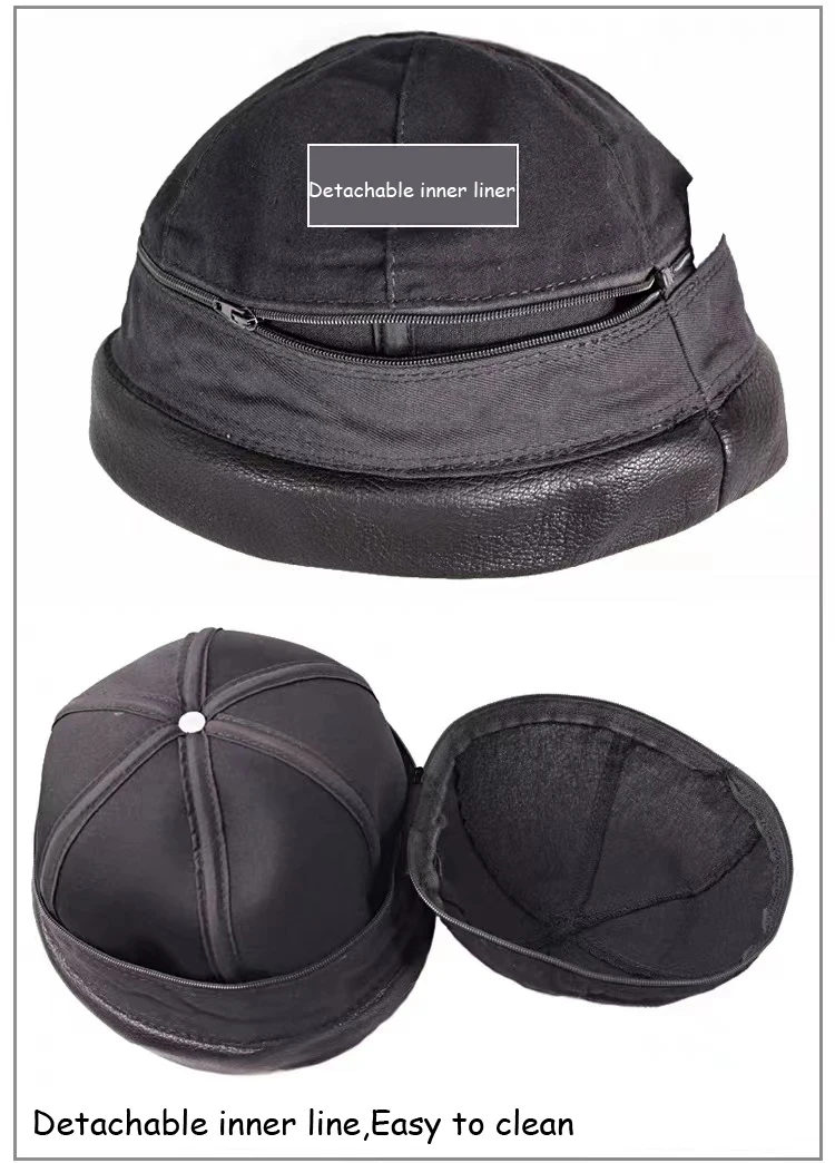Retro Real Leather Hat Men Genuine Sheepskin Cap Male Brimless Warm Round Skullcap Winter Fashion Docker Sailor Tan Bone Bonnet 3