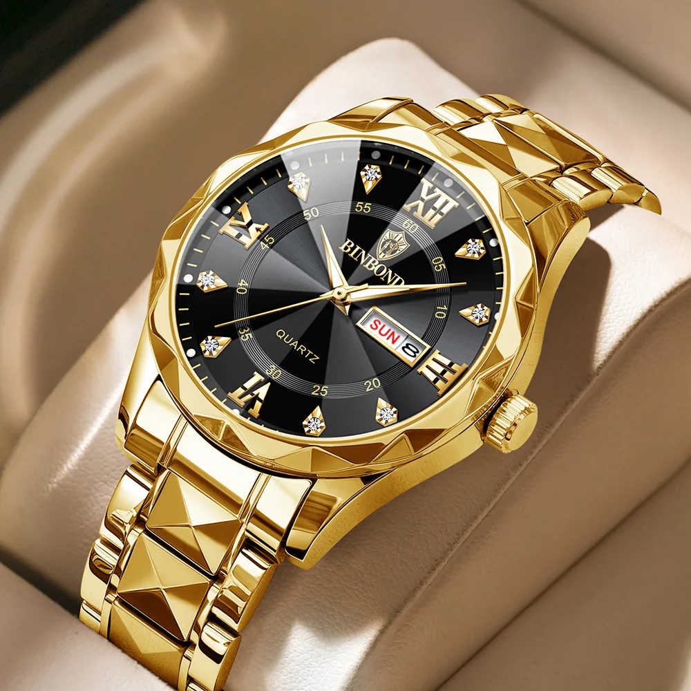 

BINBOND Luxury Brand Watch for Men Gold Steel Waterproof Luminous Male Clock Date Week Display Quartz Watches with Coated Glass