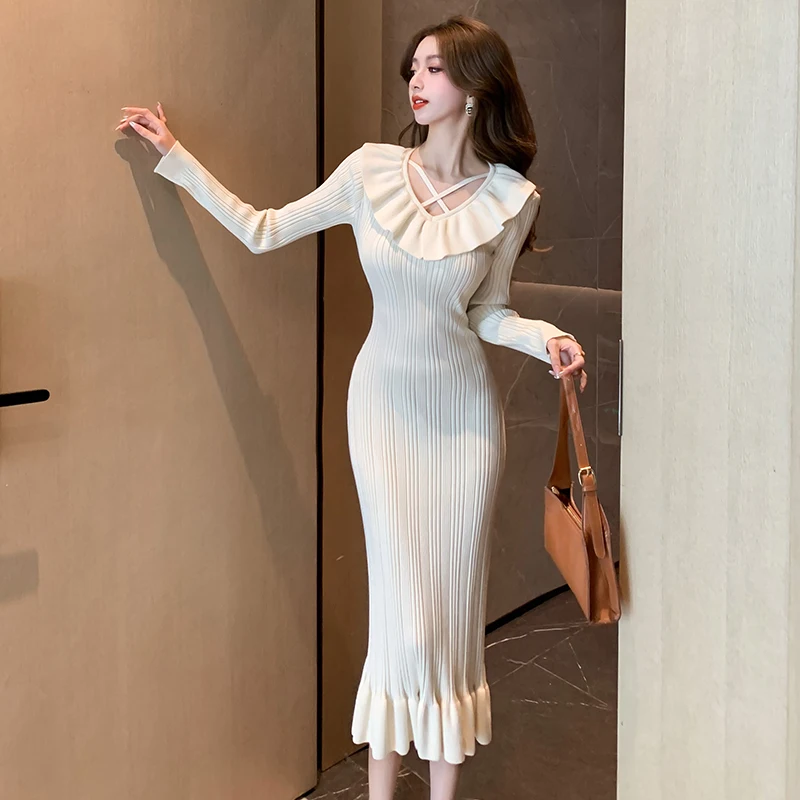 

Elegant One Piece Ruffles Dress Korea Spring Winter Long Sleeve Slim Sweater Dress Women Casual Hepburn Ladies Knit Dress Female