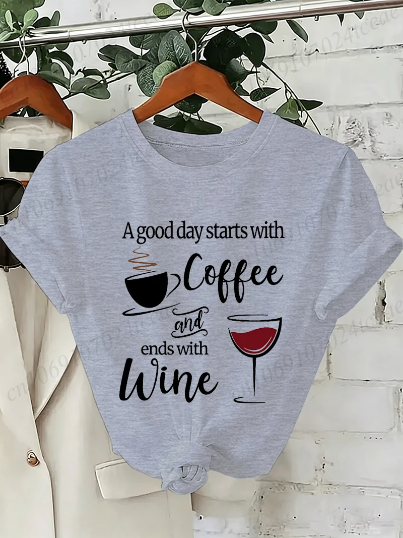 Women A Good Day Starts with Coffee and Wine Graphic T-shirt Casual Tee Streetwear Aesthetic Graphic Tops Girls Daily T-Shirts 2