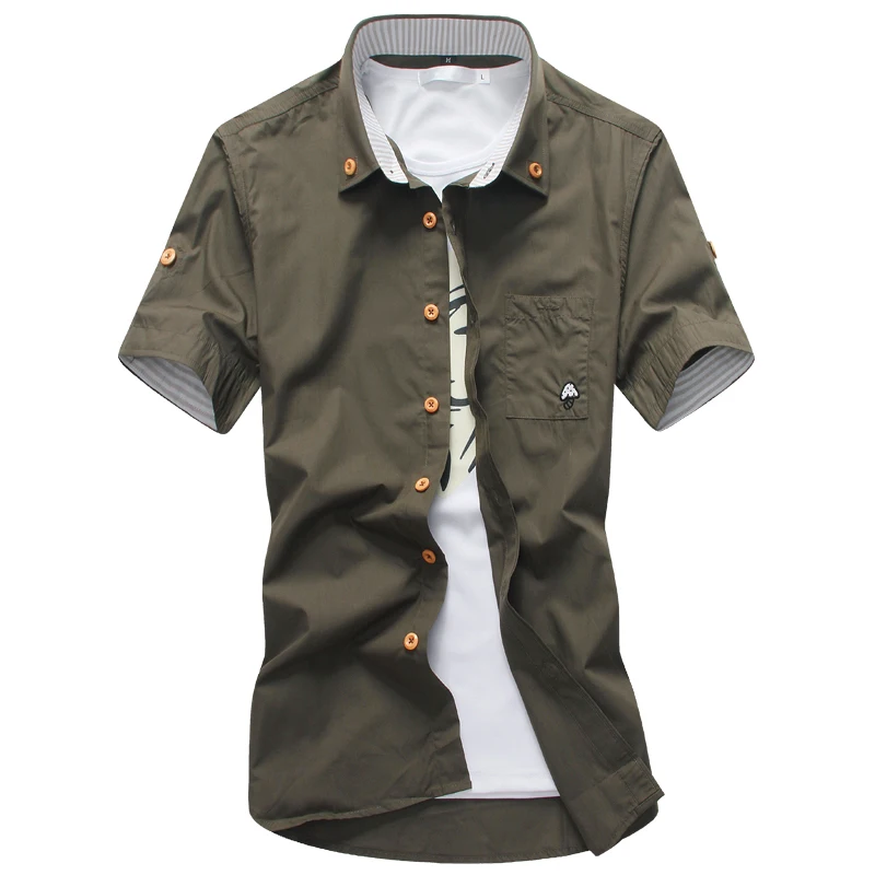 Casual Short Sleeved Shirt Men's Casual Short Sleeve Shirts Dress Shirt Small Mushroom Embroidery Stripe Bordered