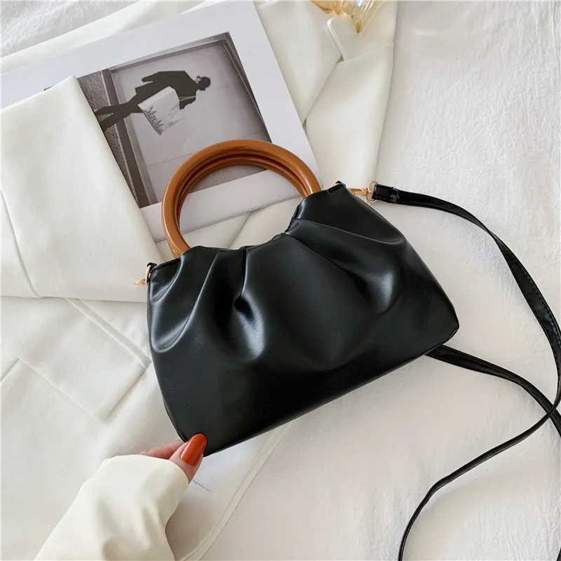 

Cloud Bag Women's Crossbody Fashion Pleated Small Bag Simple Wooden Handle Handbag Women's French Fashion One Shoulder Bag