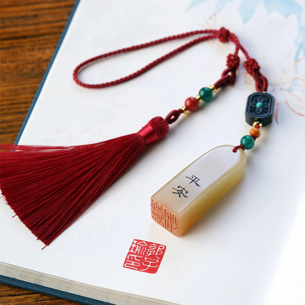 

Natural Jade Stone Name Stamps with Chinese Traditional Pendant Tassel Red Ink Pad Gift Box Calligraphy Painting Signature Seals