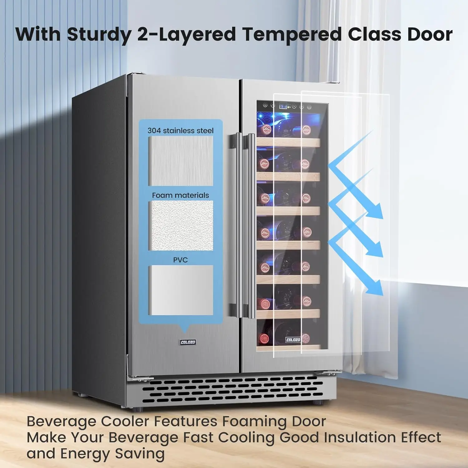 Wine Cooler Beverage Refrigerator, 24&rdquo; Wine Fridge with Dual-Zone Digital Temperature Control, Glass Front Doors