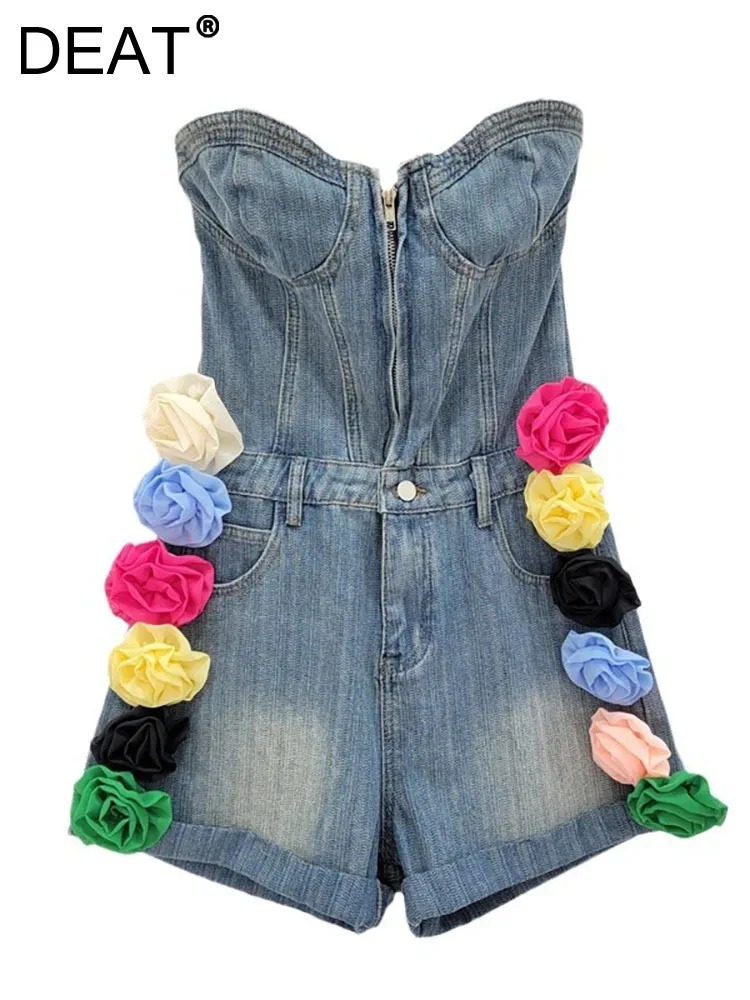 

DEAT Women's Denim Rompers High Waist Slim Strapless Zipper Wide Leg Spiced Flowers Playsuits 2024 Summer New Fashion 33A1341