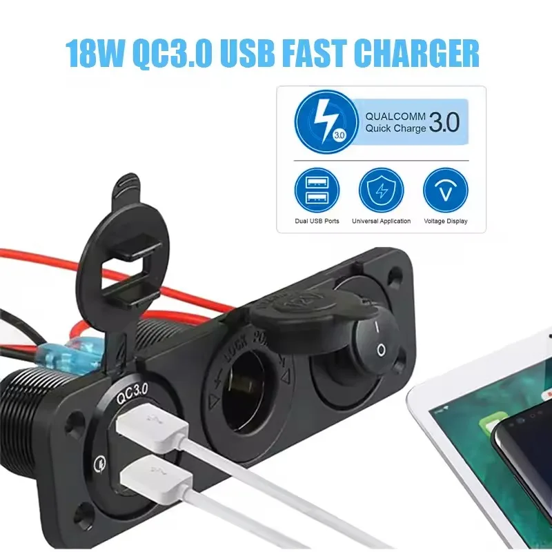 12V Black ABS Car Charger Socket Panel with Dual Quick Charge USB