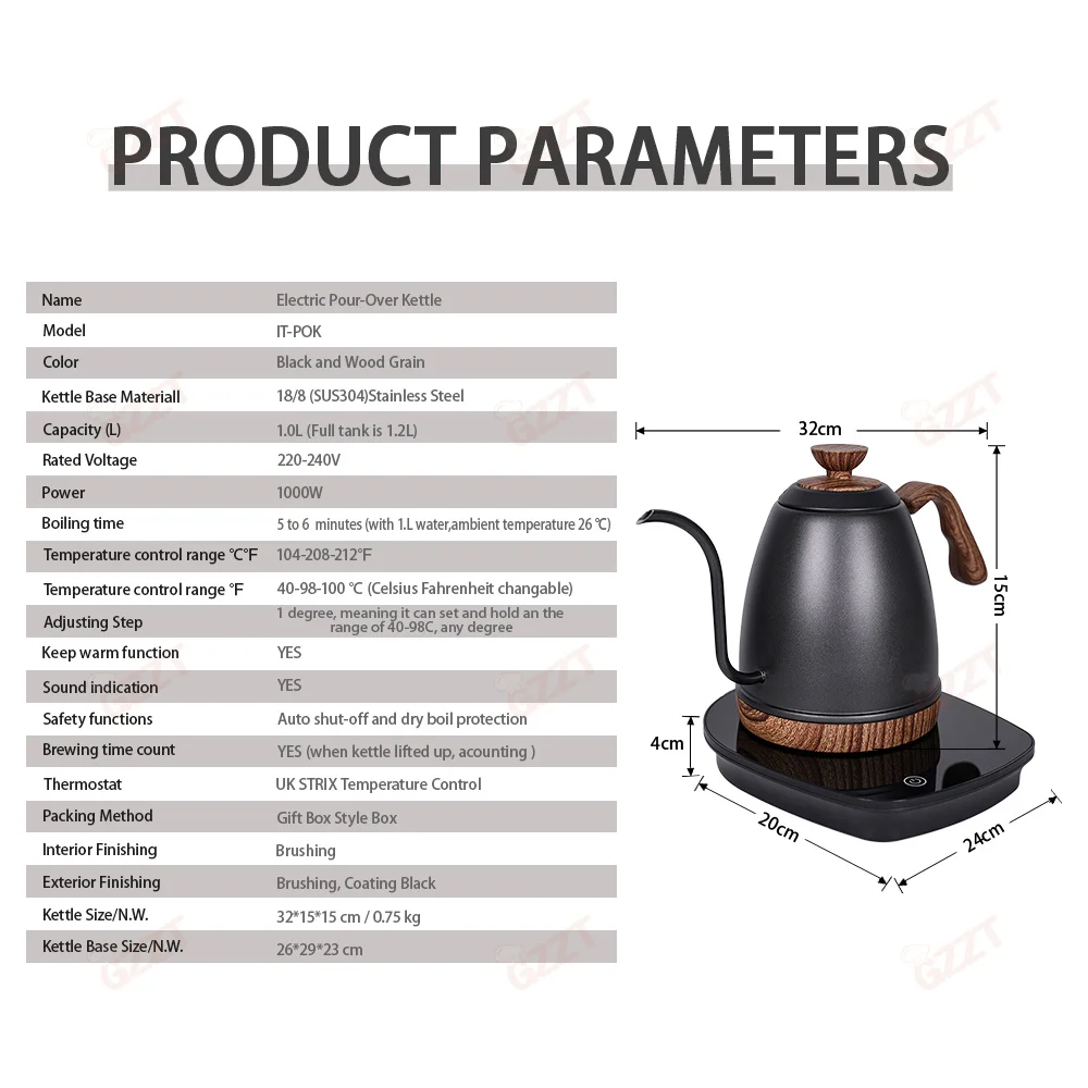 GZZT POK Artisan Electric Gooseneck Kettle Precise Temperature/Water Flow Control Heating Kettle Electric Pour-Over Kettle 4