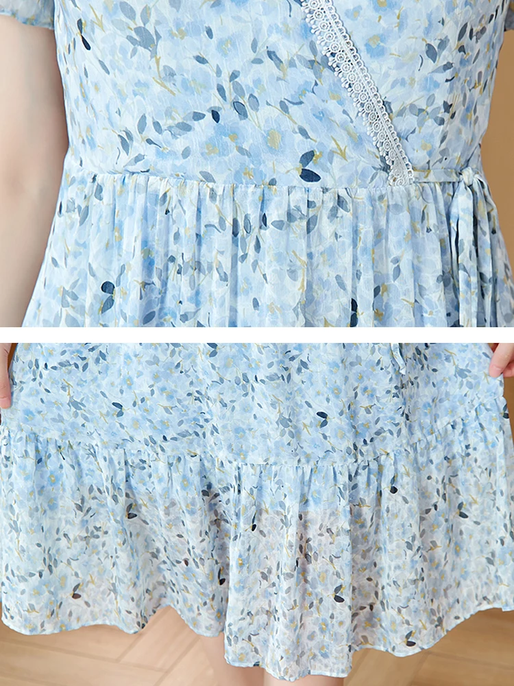 Women's Blue Floral Chiffon Butterfly Sleeve Midi Dress
