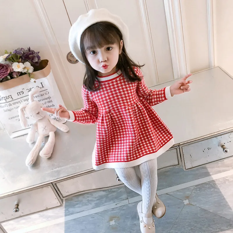 

2023 New Girls' Long Sleeve Woolen Dress for Middle and Small Children High Quality Girls' Spring Knitted Plaid Dress