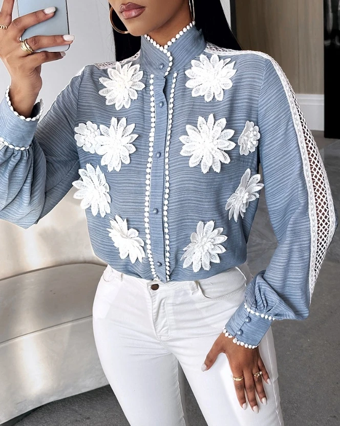 Women's New Casual Versatile Top Elegant Temperament Commuting Floral Pattern Contrast Lace Buttoned Top