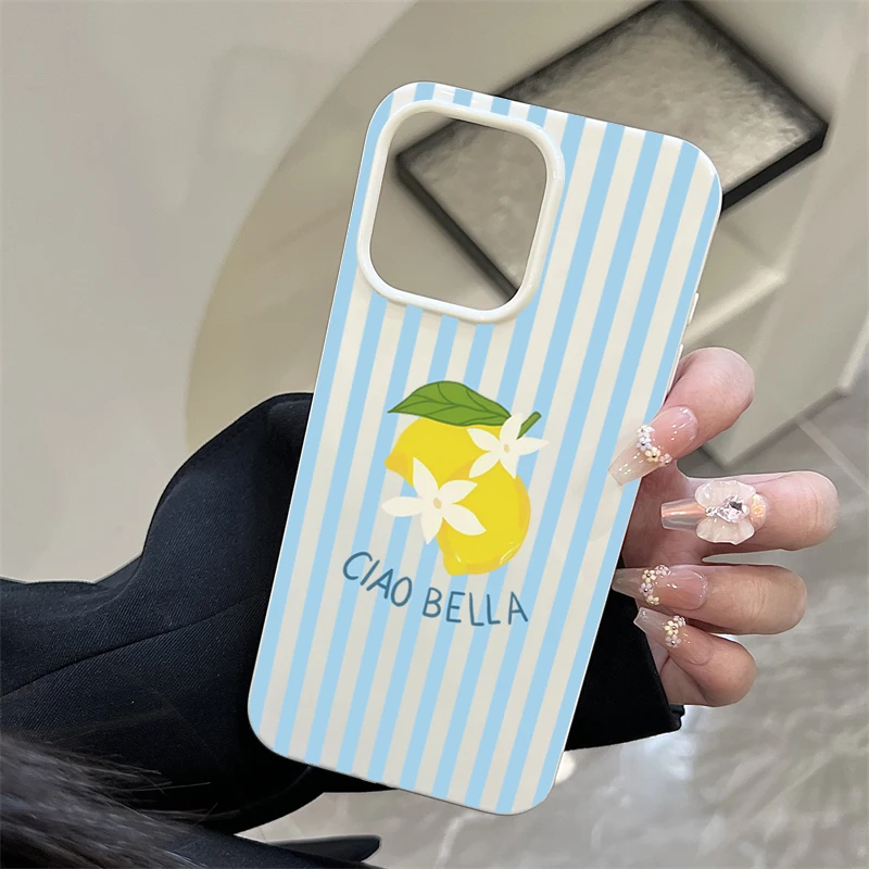 Lemon Blue Striped Pattern Soft Phone Case - Cute Fruit Design Cover