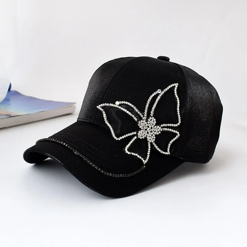 Fashion Butterfly Rhinestone Baseball Cap Women Summer Silk Satin Visor Sun Hat Leisure Adjustable Lady Snapback Cap