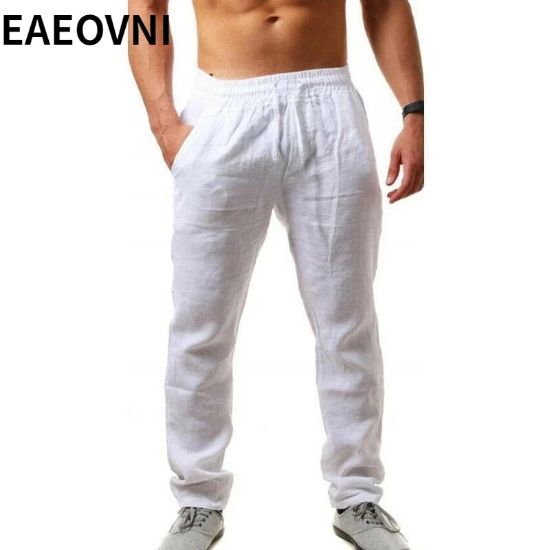 Tanie Męskie bawełniane lniane spodnie męskie jesienne nowe oddychające bielizna w jednym kolorze sklep