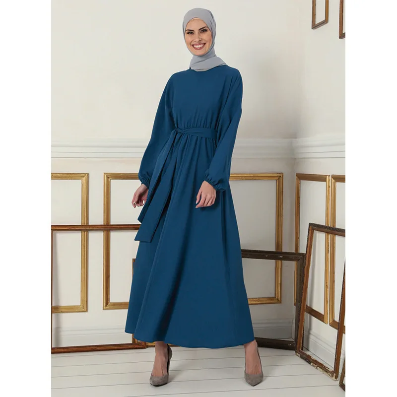 

Turkey Muslim Hijab Long Dress Dubai Abaya Waist strap Islamic Clothing Solid color Musulman Women Muslim Maxi Dress