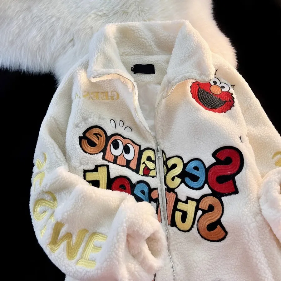 

Y2k Lamb Wool Embroidered Letter Cartoon Coat For Men And Women Lovers in Winter Lazy High-Grade Thick Warm Cotton-Padded Coat