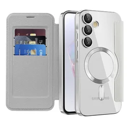 Luxury Flip Leather Magnetic Phone Case with Card Clip and Plating Clear Wallet Cover - Galaxy S26Plus (Gray)