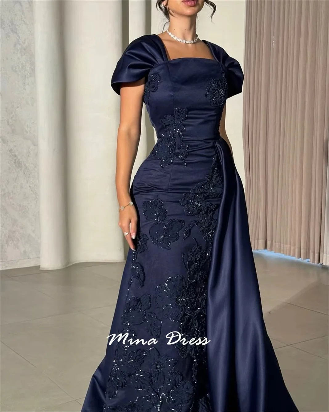 Mina Customized Short Sleeve Sequin Lace Applique Square Collar Prom Dresses for Luxury Party Elegant Womens Dresses Evening 6