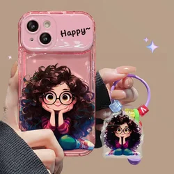 Fashionable 3D Girl Pattern Lanyard Phone Case with Shockproof Silicone and Mirror Cover - iPhone 14 (Pink - BaoZGirl - GZ)