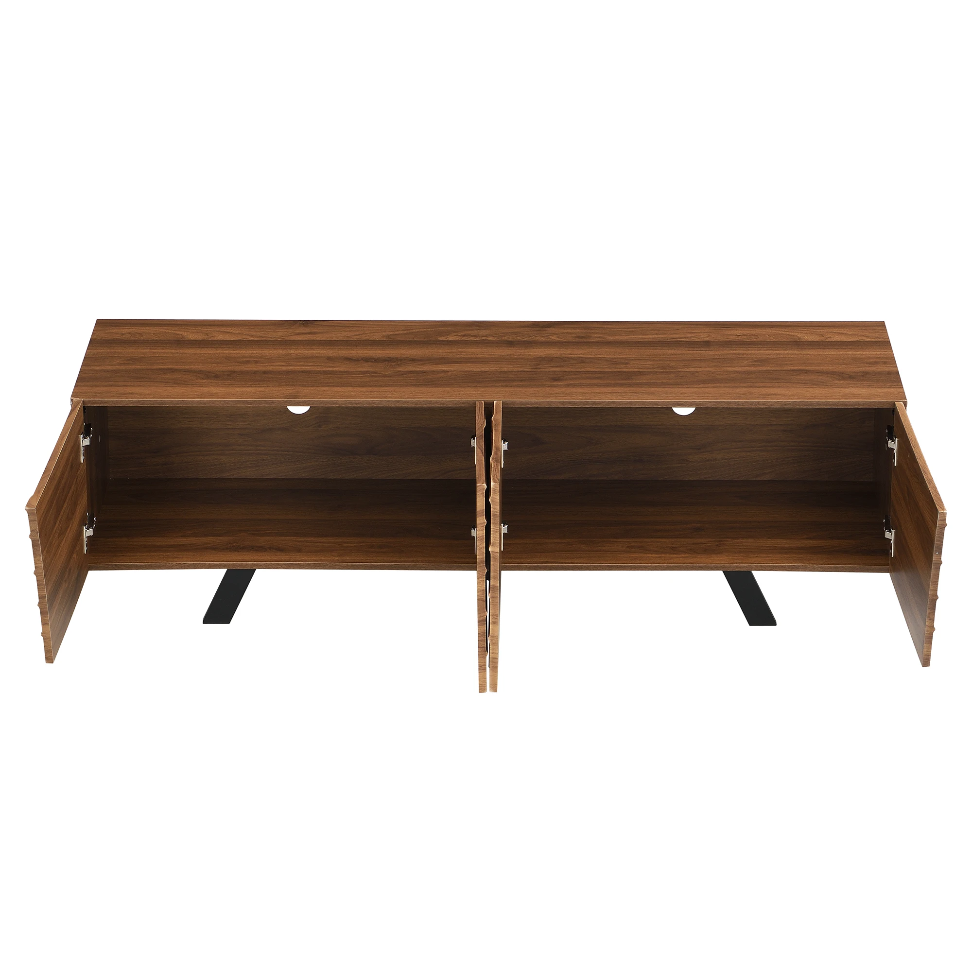 Moderner TV-Schrank mit wellenförmiger Vorderseite – Lowboard in Walnussoptik mit schwarzen Eisenbeinen, großem Stauraum, Kabelmanagement – Detail 25