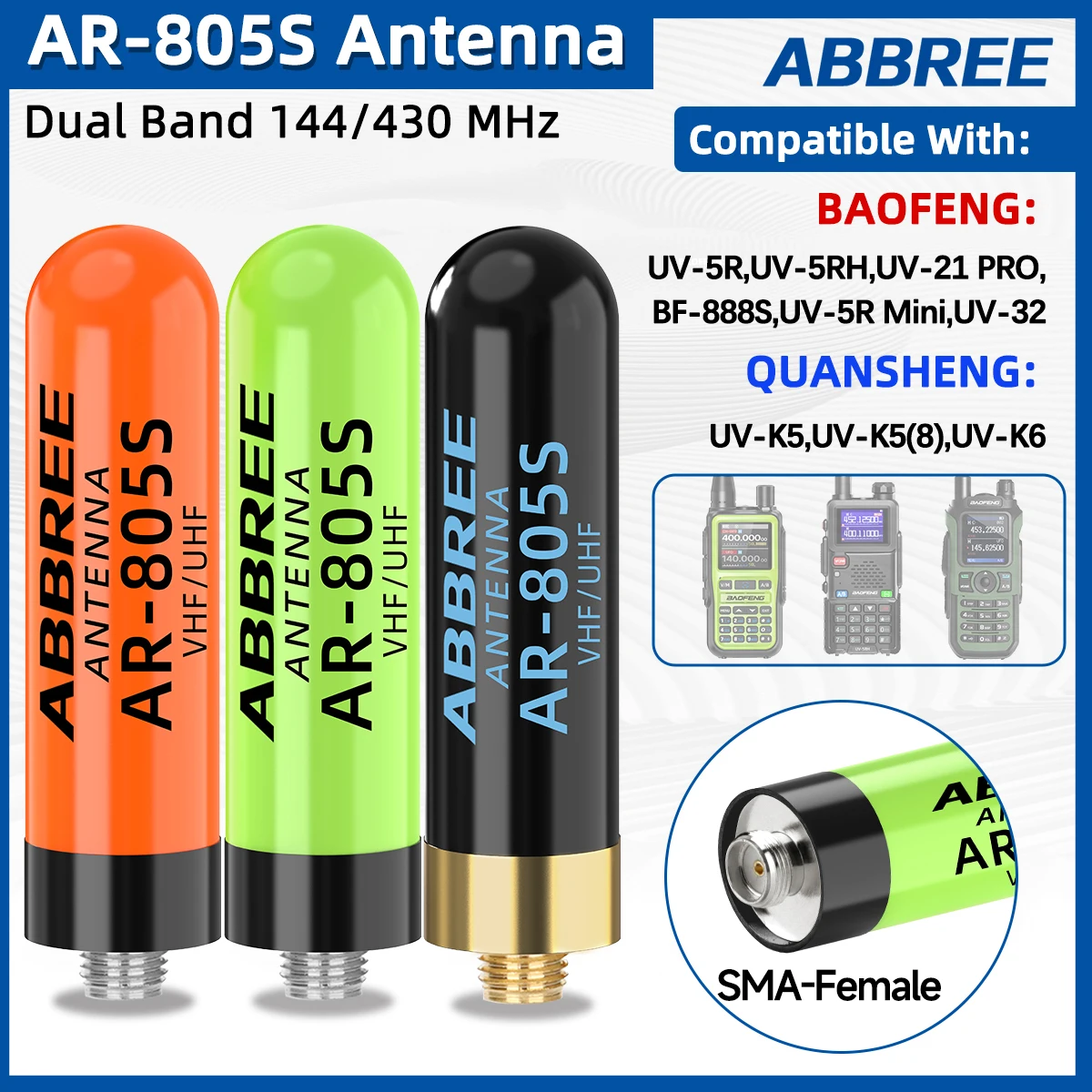 ABBREE AR-805S 안테나 SMA-암컷 단거리 안테나 듀얼 밴드 고이득 UHF VHF UV-5R 미니 콴셩 UV-K1 UV K5 무전기용