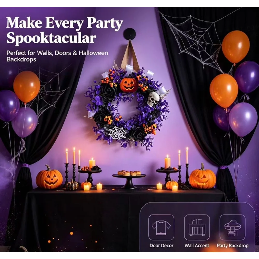 Halloween Themed Party Wall Home Decor Black Purple Artificial Flower Wreath Front Door Indoor Outdoor Hanging Holiday Accessory