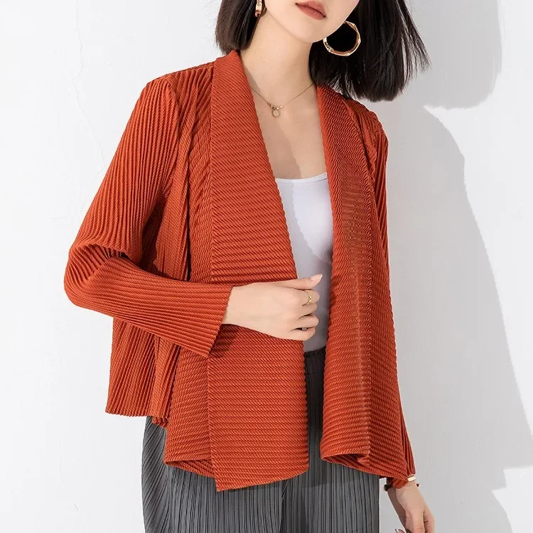 Miyake Pleated Coat Women's Solid Color Fashionable Unbuttoned Large Lapel Irregular Short High-end Top 2023 Autumn New Cardigan