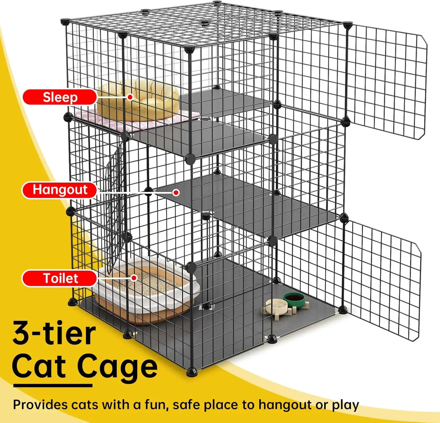 3 Tier Cat Cage Indoor Enclosure DIY Cat Playpen Catio Detachable Metal Wire Kennels Crate Large Exercise Place Ideal