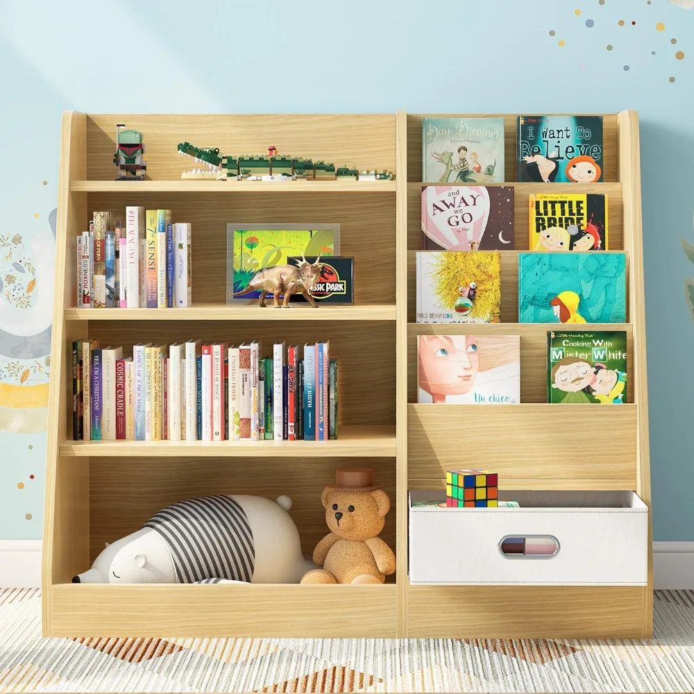 4 tier kids wooden bookshelf with drawer, five layer sling children bookcase, baby storage book rack, book and toy organizer ca